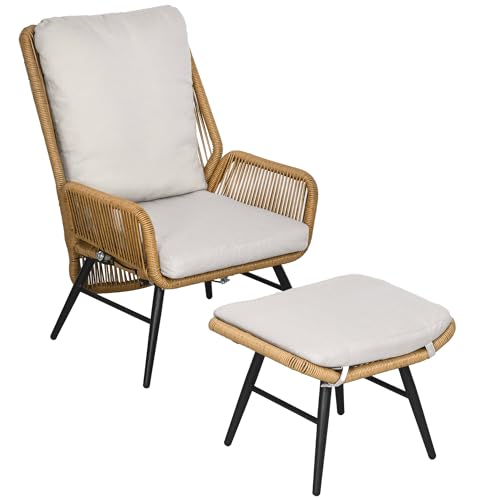 Outsunny Rattan Relaxsessel mit Fußhocker Outdoor Rattanstuhl mit Verstellbarer Rückenlehne Kissen, Gartensessel für Balkon Garten, Polyester, Stahl, Natur von Outsunny