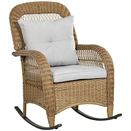 Outsunny Rattan Schaukelstuhl, Schaukelsessel mit Kissen, Gartenstuhl mit Waschbaren Polsterbezüge, Loungemöbel für Hinterhof, Garten, Terrassen, Gelb, 69 x 92 x 100 cm von Outsunny