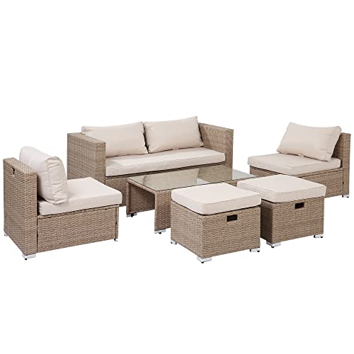 Outsunny Rattan Sitzgarnitur, 6-teilige Sitzgruppe, Gartenmöbelset mit Couchtisch, Metall, Khaki, 151 x 75 x 65 cm von Outsunny