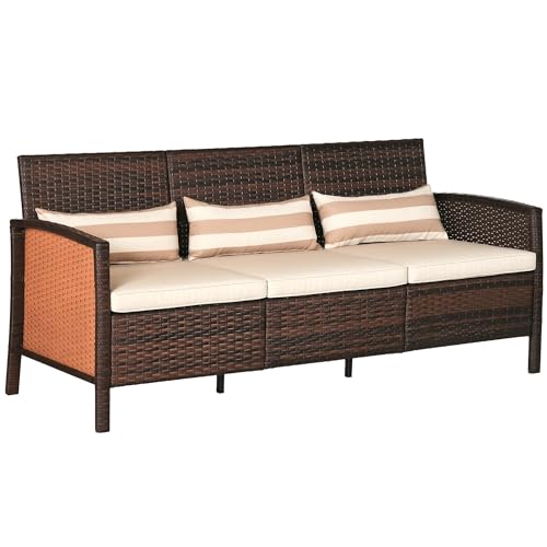 Outsunny Rattan Sofa mit Kissen, Dreisitzer, Garten Loungesofa, Stahl, Braun, 173 x 68 x 78 cm Outsunny Rattan Sofa mit Kissen, Dreisitzer, Garten Loungesofa, Stahl, Braun, 173 x 68 x 78 cm von Outsunny