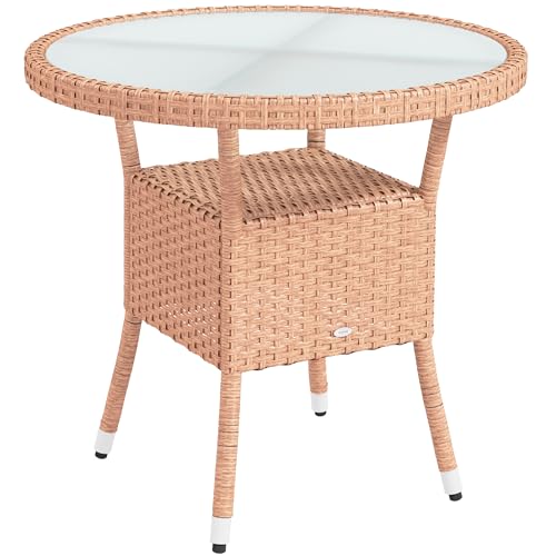 Outsunny Rattantisch rund Ø80x75 cm Gartentisch mit Regal Glastischplatte und Stahlgestell Belastung 50 kg für Terrasse Patio Natur von Outsunny
