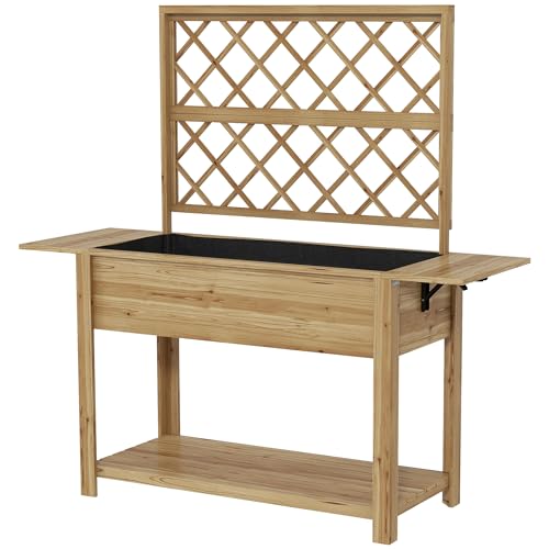 Outsunny Rechteckiger Blumenkasten auf Füßen – Hochbeet mit Rankgitter – 1 untere Ablage und 2 aufklappbare Seitenablagen – Holz, Maße: 140 x 45 x 151 cm von Outsunny