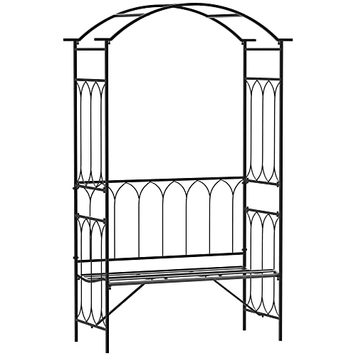 Outsunny Rosenbogen aus Metall Rankhilfe für Kletterpflanzen Gartenbogen mit Bank Spitze Rankbogen Torbogen für Rosen Bögen Rosenhilfe Rankgitter für Garten 115 x 50 x 203 cm Schwarz von Outsunny