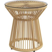 Outsunny Runder Beistelltisch Kaffeetisch mit Glastischplatte Hohltrommel-Design Gartentisch für Terrasse Metall Beige   Aosom.de von Outsunny