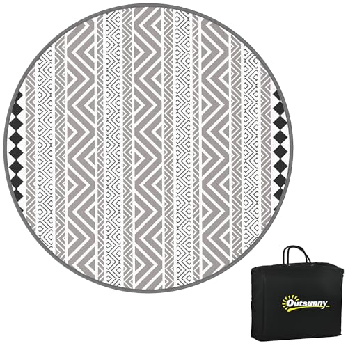 Outsunny Runder Outdoor-Teppich Wendeteppich mit Tragetasche, wasserdichte Kunststoffmatte für Garten, Terrasse, Camping, 180 cm, Grau+Schwarz von Outsunny