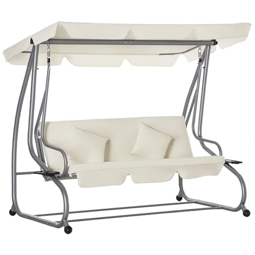 Outsunny Schaukelstuhl 3-Sitzer Gartenschaukel Hollywoodschaukel mit Sitz- und Rückenlehnen Tablett Schwingbank Sitzbank Dachwinkel verstellbar Stahl Polyestergewebe 200 x 120 x 164 cm Beige von Outsunny