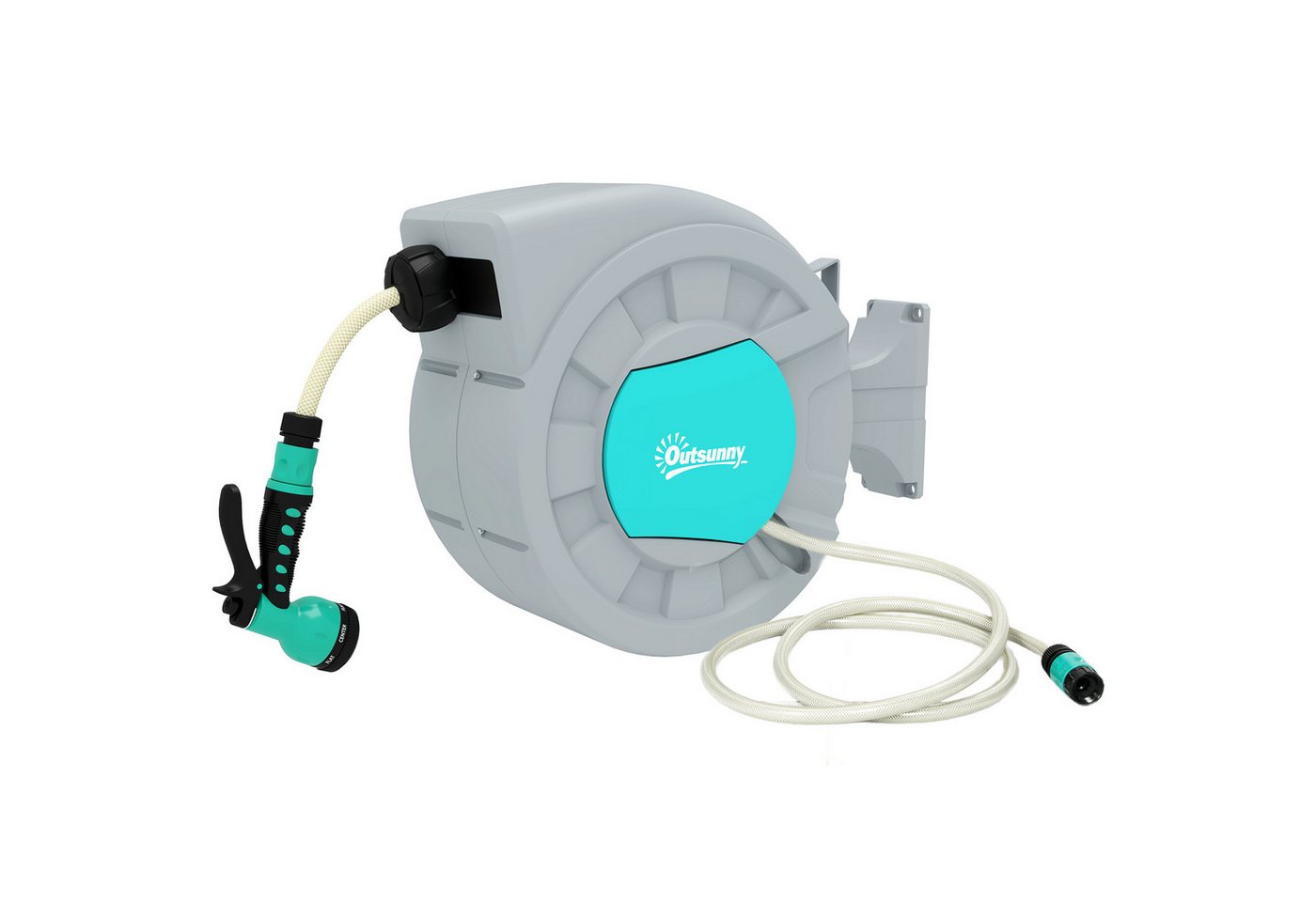 Outsunny Schlauchtrommel mit Gartenschlauch 25m, 180° schwenkbar, zur Wandmontage, (Schlauchaufroller, 1-tlg., Schlauchbox), mit automatische Aufrollung, 7-Funktionen Handbrause, Grün+Grau von Outsunny