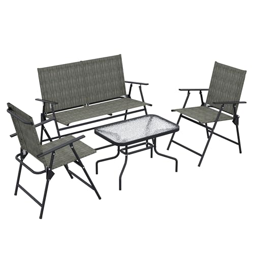 Outsunny Sitzgruppe, 4 TLG. Gartenmöbel-Set, klappbare Sitzgarnitur inkl. 1 Tisch, 2 Stühlen, 1 Zweisitzer, Balkonmöbel-Set, Bistro-Set für Terrasse, Metall, Braun von Outsunny