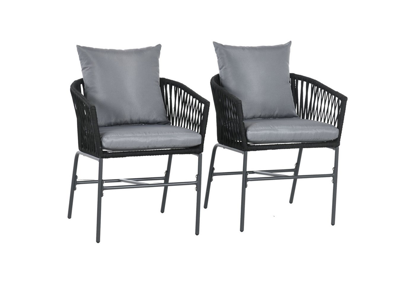 Outsunny Sitzgruppe 2er-Set Gartenstühle mit Kissen Gartensessel Set im Boho-Stil, (Gartenstuhl, 2-tlg., Gartenmöbel), Metallrahmen, 57 x 60 x 71 cm, Schwarz von Outsunny