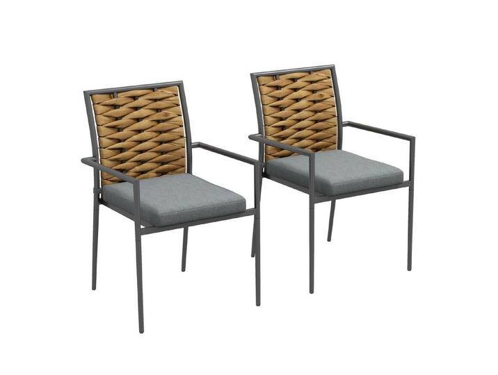 Outsunny Sitzgruppe 2er-Set Rattan Gartenstuhl Stapelbarer Gartensessel mit Kissen, (Gartenstuhl, 2-tlg., Balkonstuhl), Für Terrasse, Stahl, 57 x 58 x 87 cm, Grau von Outsunny