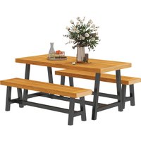 Outsunny Sitzgruppe 3-teilig Holz Essgruppe für 4 Personen im Lamellendesign  Esstisch mit 2 Bänke Esszimmergruppe mit Holztisch Küchentisch-Set Balkonmöbel Gartenmöbel für Terrasse, Balkon Teak   Aosom von Outsunny