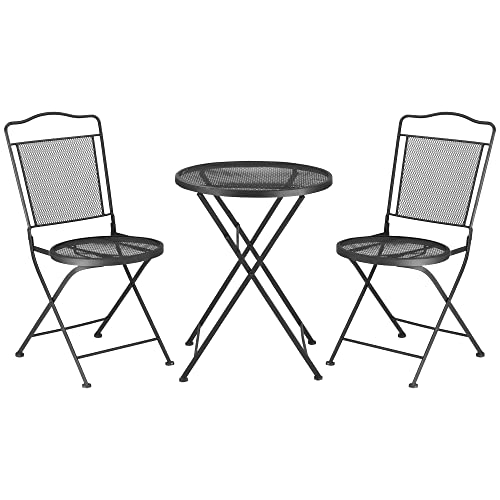 Outsunny Sitzgruppe 3-teilige Essgruppe Bistro-Set Gartenmöbel-Set Balkonmöbel Set 1 Tisch+2 Stühle mit Schirmloch Terrasse Metall Schwarz von Outsunny