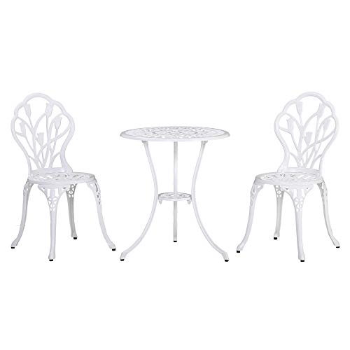 Outsunny Bistro-Set 3-teilig aus Aluminium Gartenmöbel Set mit geschnitztem Design Sitzgruppe mit Gartenstühlen Bistrotisch Schirmloch Outdoor Balkonmöbel Set Balkonset Gartengarnitur Weiß von Outsunny