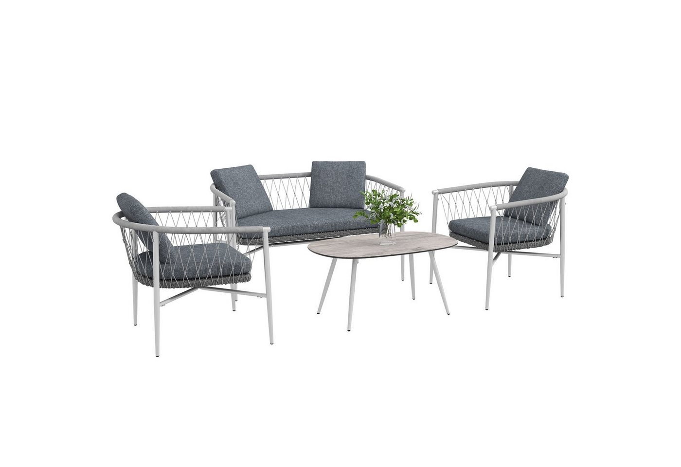 Outsunny Sitzgruppe 4 tlg. Rattan Gartenmöbel-Set mit 1 Couchtisch, 2 Sessel, 1 Doppelsofa, (Sitzgarnitur, 4-tlg., Gartengarnitur), für Garten, Terrasse, Stahl, Grau von Outsunny