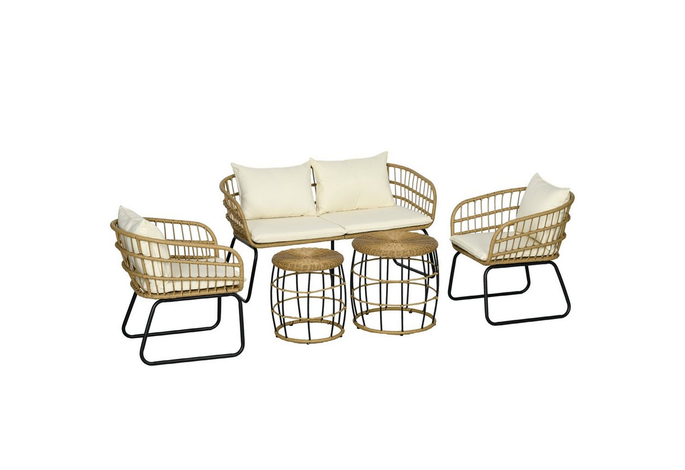 Outsunny Sitzgruppe Rattan Gartenmöbel-Set mit 2 Couchtischen, 2 Sesseln, 1 Doppelsofa, (Gartengarnitur, 5-tlg., Sitzgarnitur), für Garten, Terrasse, Stahl, Beige von Outsunny