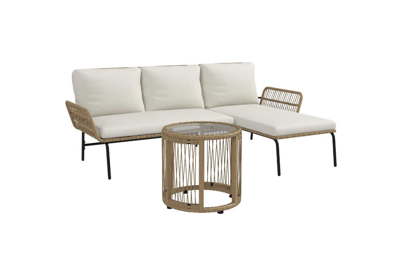 Outsunny Sitzgruppe Rattan Gartenmöbel-Set mit Liegestuhl, Couchtisch, Zweisitzer, (Gartenset mit Sitzkissen, 3-tlg., Balkonmöbel-Set), für Garten, Terrasse, Creme von Outsunny