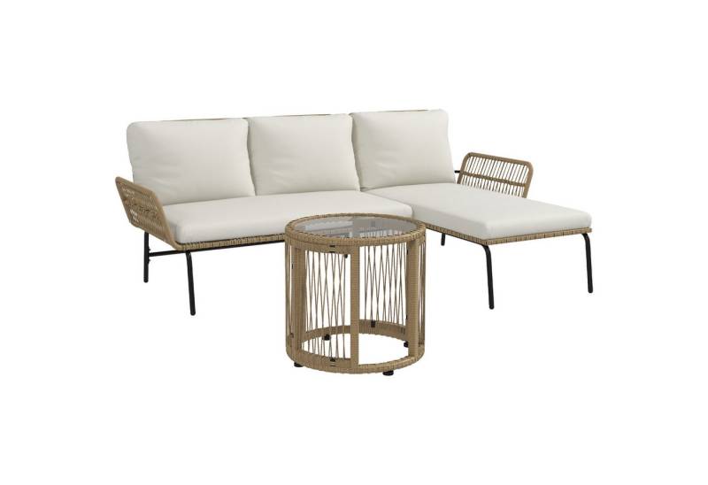 Outsunny Sitzgruppe Rattan Gartenmöbel-Set mit Liegestuhl, Couchtisch, Zweisitzer, (Gartenset mit Sitzkissen, 3-tlg., Balkonmöbel-Set), für Garten, Terrasse, Creme von Outsunny