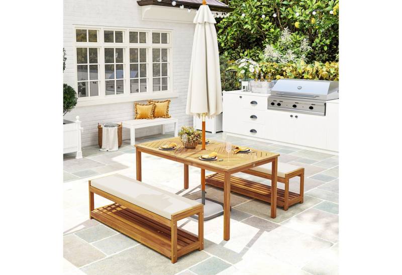 Outsunny Sitzgruppe inkl. 1 Esstisch mit Schirmloch, 2 Bänke, (Sitzgarnitur aus Akazienholz, 3-tlg., 3 tlg. Gartenmöbel-Set), für Balkon, Terrasse, Teak von Outsunny