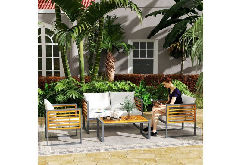 Outsunny Sitzgruppe mit 2er Sofa, 2 Sessel, Kissen, Beistelltisch im Lamellendesign, (Gartenmöbel Set aus Akazienholz, 4-tlg., Sitzgruppe für 4 Personen), für Garten, Balkon, Beige von Outsunny