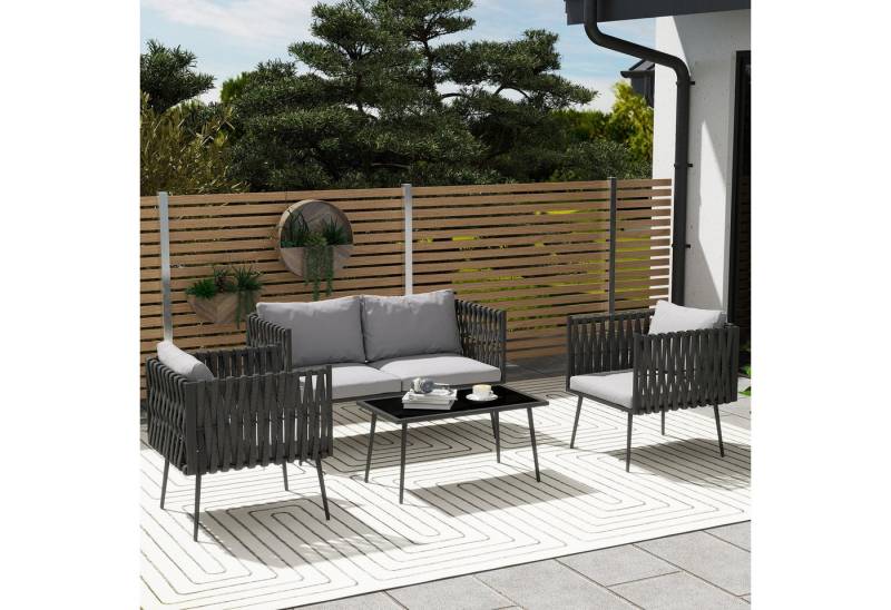 Outsunny Sitzgruppe mit 2er Sofa, Sessel, Glastisch, Sitzkissen, (wetterfest Balkonmöbel-Set, 4-tlg., Gartenmöbel-Set für 4 Personen), für Garten Balkon Hellgrau von Outsunny