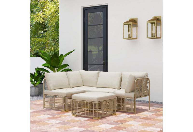 Outsunny Sitzgruppe mit Ecksofa, Sessel, Hocker, Kissen, (Gartenmöbel Set für 5 Personen, 5-tlg., Ecklounge-Set aus Polyrattan), für Garten, Balkon, Naturholz+Cremeweiß von Outsunny