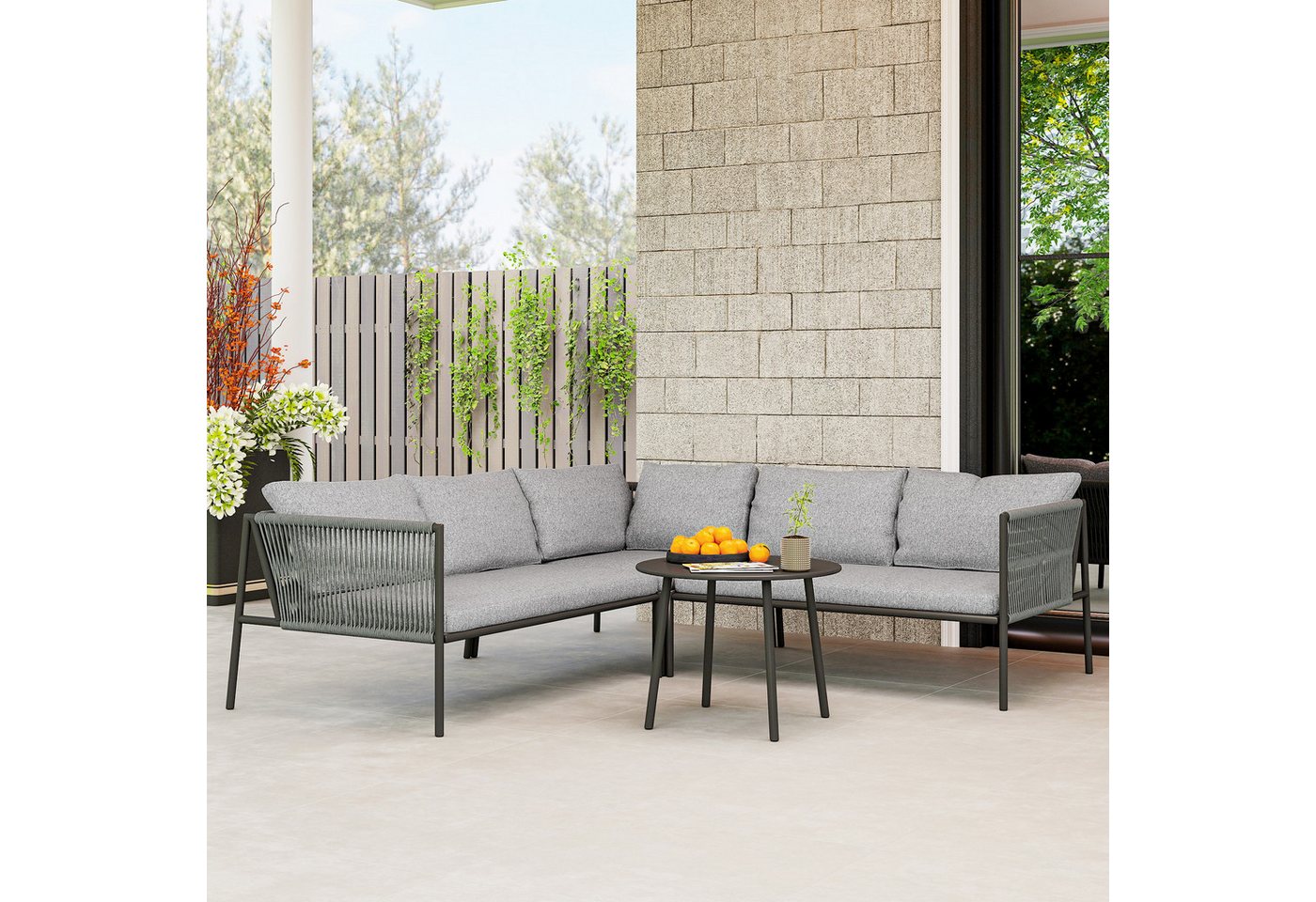 Outsunny Sitzgruppe mit Ecksofa, Tisch, Kissen, (4 teiliges Lounge-Set, 4-tlg., Gartenmöbel Set aus Polyrattan), für 6 Personen, für Garten, Balkon, Dunkelgrau von Outsunny