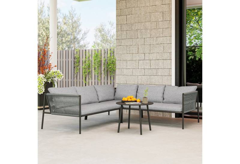 Outsunny Sitzgruppe mit Ecksofa, Tisch, Kissen, (4 teiliges Lounge-Set, 4-tlg., Gartenmöbel Set aus Polyrattan), für 6 Personen, für Garten, Balkon, Dunkelgrau von Outsunny