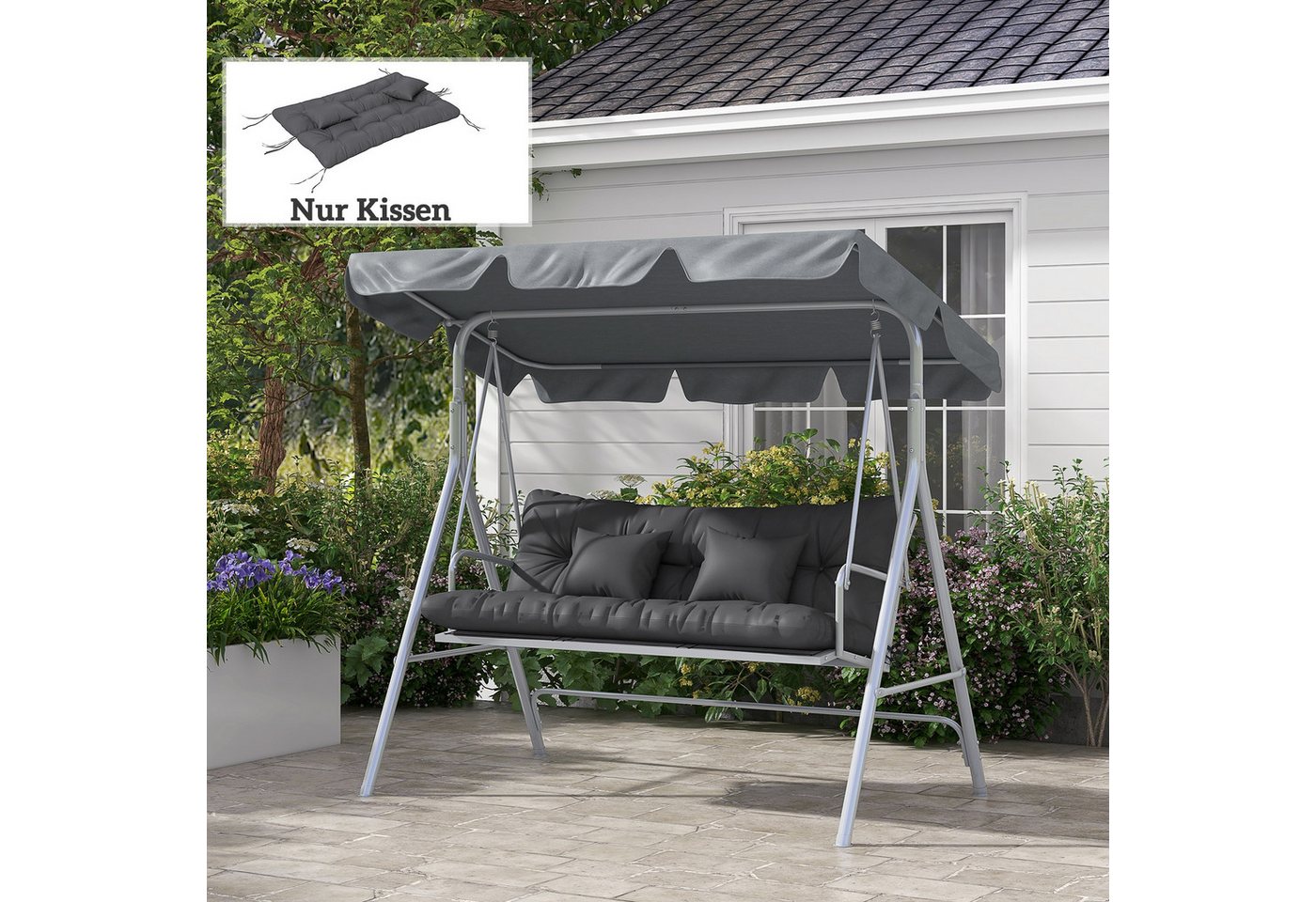 Outsunny Sitzkissen 4er-Set, mit Bindebänder, 10cm dick, 150x50 cm, für Haus, Garten, Sofa, Dunkelgrau von Outsunny