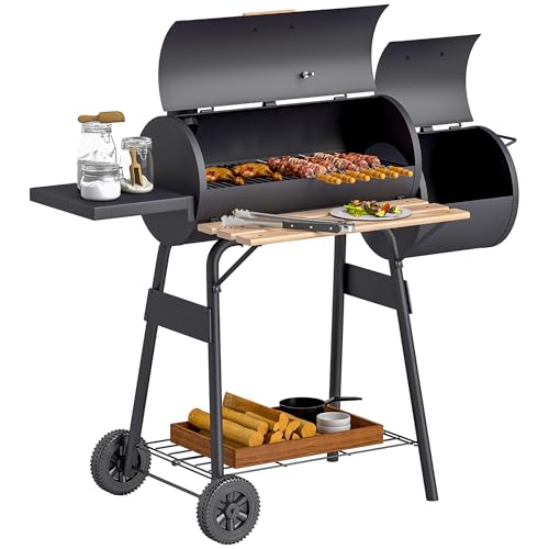 Outsunny Smoker Grill BBQ Holzkohlengrill Grillwagen Multifunktion mit 2 x Brennkammer Schornstein Metall + Tannenholz Schwarz 124 x 53 x 104 cm von Outsunny