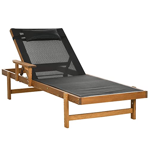 Outsunny Sonnenliege, Liegestuhl, Gartenliege mit Verstellbarer Rücklehne, Relaxliege für Poolbereich, Balkon, bis 120 kg, Massivholz, Schwarz, 85 x 200 x 84 cm von Outsunny