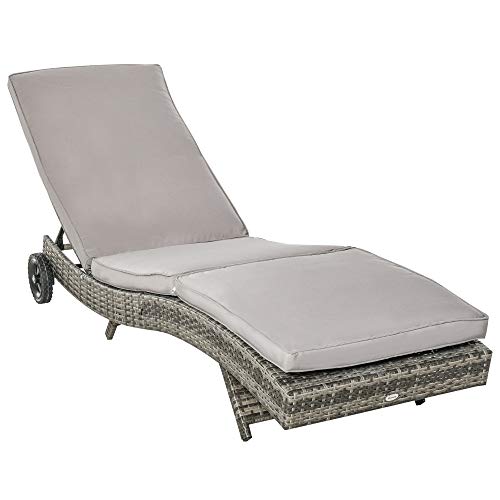 Outsunny Sonnenliege Grand Confort – Rückenlehne neigbar 5 Positionen Rollen – Matratze mit abnehmbarem Bezug – Polyrattan, grau von Outsunny