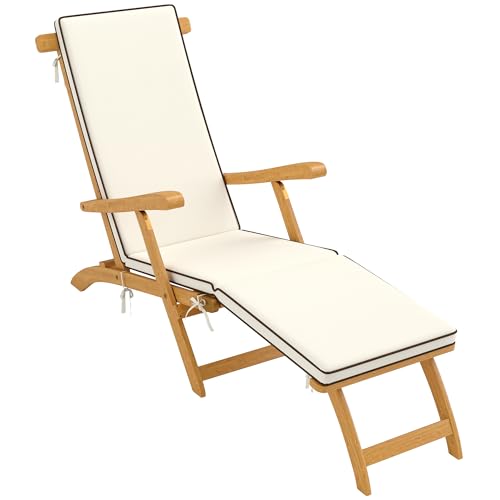 Outsunny Sonnenliege Holz klappbar Gartenliege mit Fußstütze, Matratze, Ergonomisch Liegestuhl wetterfeste Campingliege, Gartenstuhl bis 160 kg belastbar, für Garten Urlaub Outdoor Strand Pool, Teak von Outsunny