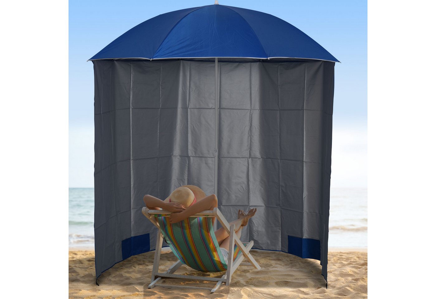 Outsunny Sonnenschirm Sonnenschutz mit Seitenwand, Strand,Polyester, Blau, LxB: 220x220 cm, Sonnenschutz, Strandschirm, Φ2,2 x H2,2m von Outsunny