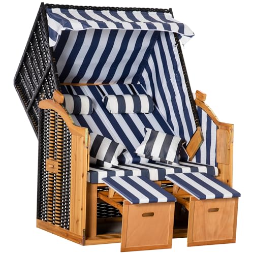 Outsunny Strandkorb Doppelte Sonnenliege mit Dach Doppelliege mit Getränkehaltern Chaiselongue 5-stufige Rückenlehne PE-Rattan Blau+Weiß 118 x 79 x 160 cm von Outsunny