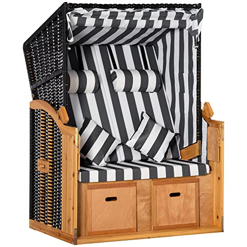 Outsunny Strandkorb Ostsee Volllieger 2-Sitzer Strandkörbe aus Tannenholz, 5-stufige verstellbare Rückenlehne, Strandkorb mit Fußbänkchen Seitentische, PE Geflecht, Strandstuhl für Balkon, Grau+Weiß von Outsunny