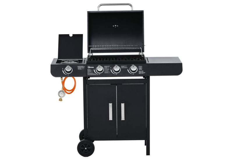 Outsunny Gasgrill mit 4 Brennern, BBQ, Grillwagen, Multifunktion Metall Schwarz von Outsunny