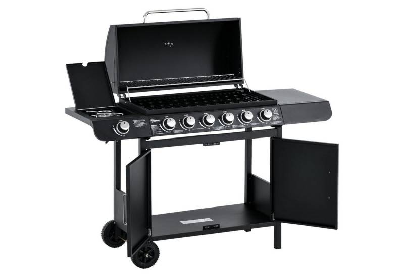 Outsunny Gasgrill BBQ Grillwagen mit 6 Brennern 1 Seitenbrenner Schrank, Gasgrill, Grillwagen, Metall Schwarz 50T x 135B x 100H cm von Outsunny