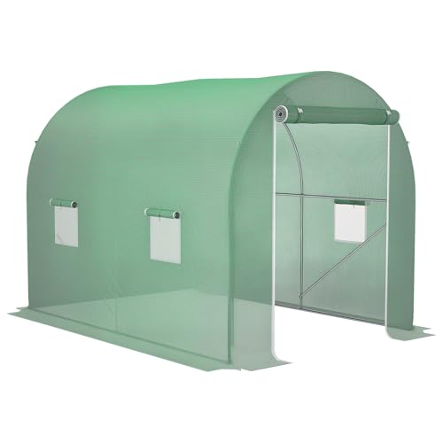 Outsunny Tunnel Gartengewächshaus Bodenfläche 6 m² 3L x 2l x 2,10H m verstärkter Rohrrahmen Reißverschlusstür 4 Rollfenster Grün von Outsunny
