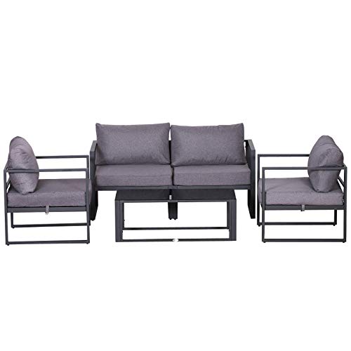 Outsunny Vierteiliges Gartenmöbel Set, Sitzgruppe, Sofa mit Sitzkissen, Tisch mit Stauraum, Polyester, Grau, 138 x 69 x 63 cm von Outsunny