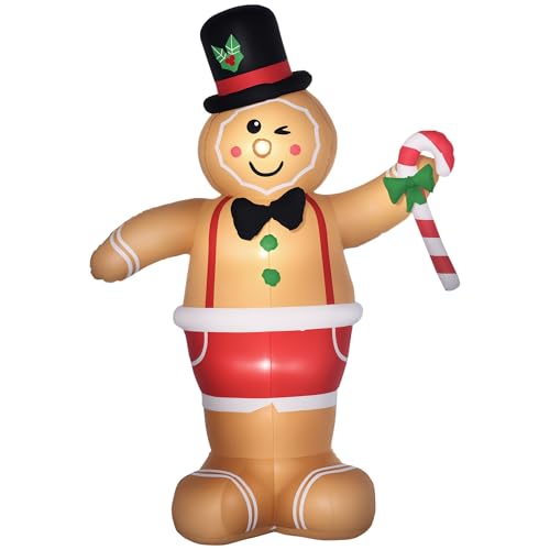 Outsunny Weihnachts Aufblasbarer Lebkuchenmann 2,38 m Weihnachtsdekoration mit LED-Lichtern und Zuckerstange Weihnachten Gärten Dekoration automatisches Aufblasen Wassderdicht Polyester Braun von Outsunny