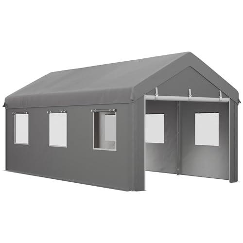 Outsunny Zelt Garage Carport ABM. 6L x 2,95l x 2,78H m robuster verzinkter Stahl PE hohe Dichte 160 g/m² wasserdicht UV-beständig, 2 Rolltüren und 6 Fenster von Outsunny