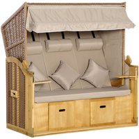 Strandkorb 3-Sitzer Sonnenliege mit Dach 2 Klapptischen Fußstütze Chaiselongue 5-stufige Rückenlehne xxl Polyrattan Natur 150 x 79 x 160 cm - Outsunny von Outsunny