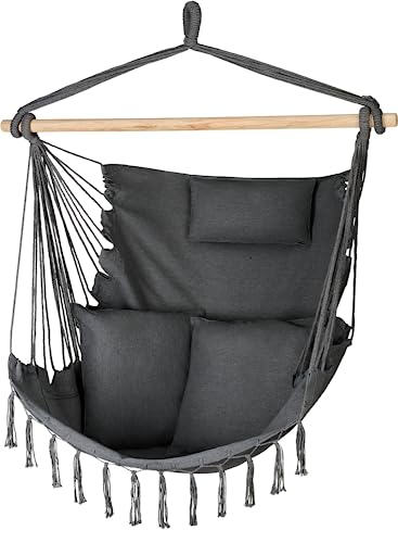 Outtec Hängesessel 100x130x75cm – bis 140 kg - Outdoor Sessel mit Kissen - Sitzsack zum Hängen Schaukel Für Garten und Zimmer – Boho – Fransen Brasilianischer Stuhl - Graphit von Outtec