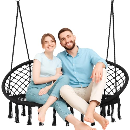 Outtec Doppelte Hängeschaukel Boho Stil 130×75 cm – 200 kg Belastbarkeit, Metallrahmen, 4 Seile mit Metallringen, Innen/Außen, Fransen, Weiß, Balkon Garten Schaukelstuhl von Outtec