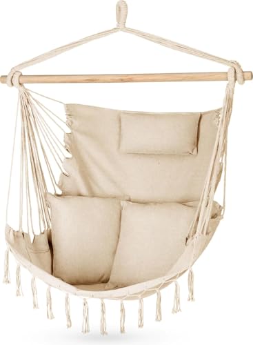 Outtec Hängesessel 100x130x75cm – bis 150 kg - Outdoor Sessel mit Kissen - Sitzsack zum Hängen Schaukel Für Garten und Zimmer – Boho – Fransen Brasilianischer Stuhl - Beige von Outtec