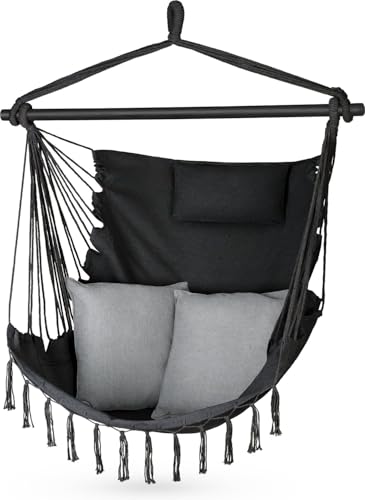 Hängesessel 100x130x75cm – bis 150 kg - Outdoor Sessel mit Kissen - Sitzsack zum Hängen Schaukel Für Garten und Zimmer – Boho – Fransen Brasilianischer Stuhl (Schwarz) von Outtec