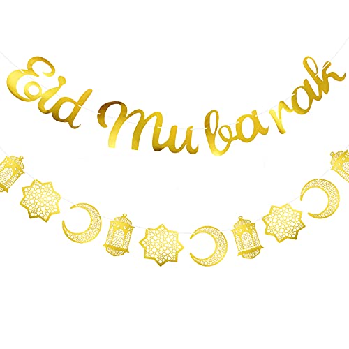 2 Stücke Eid Mubarak Banner Set, Gold Glitzernd Eid Banner und Mond Sterne Laterne Banner Girlande hängen Eid Mubarak Dekoration für Haus Party Lieferung von Outus