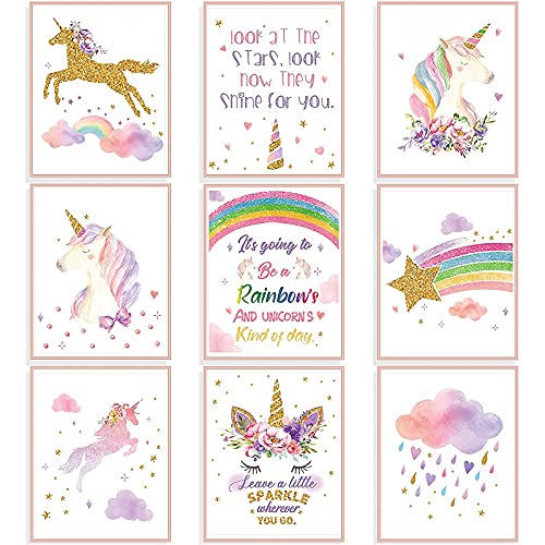 9 Stücke Einhorn Regenbogen Wandkunst Drucke ungerahmt Aquarell Einhorn und Regenbogen Poster für Mädchen Kinder Schlafzimmer Kinderzimmer Dekorationen von Outus