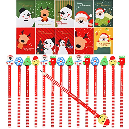 Outus 15 Stücke Bleistifte mit Radiergummis und 10 Stücke Weihnachten Mini Notizblöcke Notizbuch Schneemann Weihnachtsmann Elch Muster Notizbuch für Weihnachten Spiel Preise Klassenzimmer von Outus