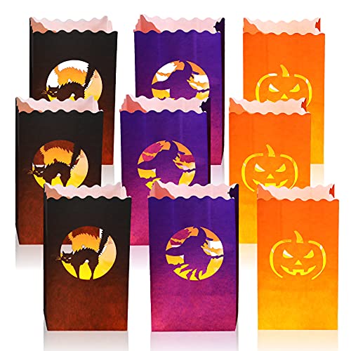 Outus 24 Stücke Halloween Leuchte Papier Taschen Halloween Lichtertüten Feuer Resistent Kerzen Tüte 10,2 x 5,9 Zoll Halloween Kerzen Halter Tasche mit Katze Muster Hexe Leuchte Papiertüte von Outus